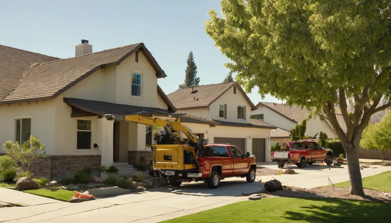 Tree removal provider cutting down a large backyard tree behind a stucco home in Rancho Cucamonga